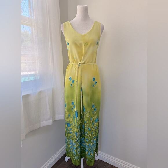 Vintage Y2K California Concepts Yellow Floral Print Sleeveless Belted Maxi Dress - Picture 4 of 8